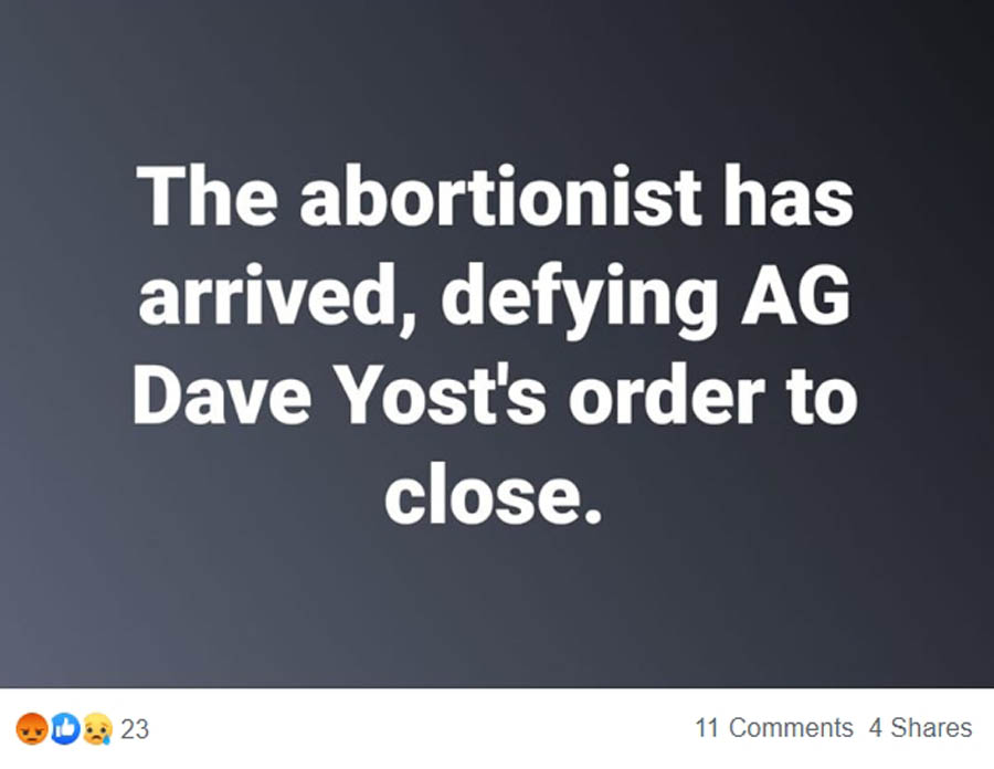 Social media post from an Ohio pro-life sidewalk counselor, approximately 8 a.m. CST March 24, 2020