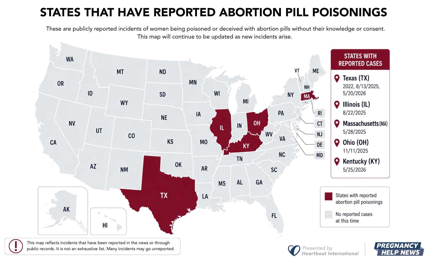 Documented Abortion Pill Poisonings and Forced Abortions Map showing documented abortion pill poisonings and forced abortion cases across the United States.