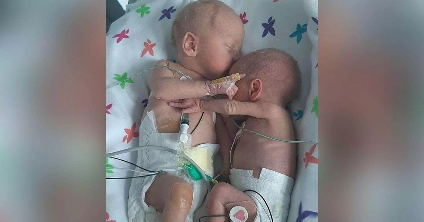 Premature twins separated at birth cuddle and hold hands