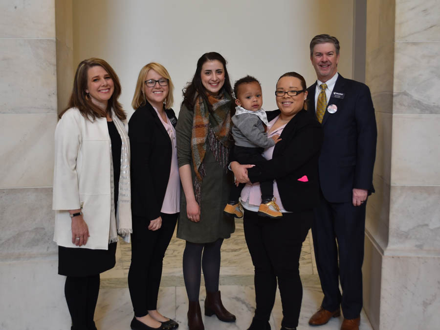 Jennifer Walden, Dawn Lunsford, Maggie Morris and Kirk Walden join Mary and Dominic in the Russell Senate Building Rotunda during Babies Go to Congress 