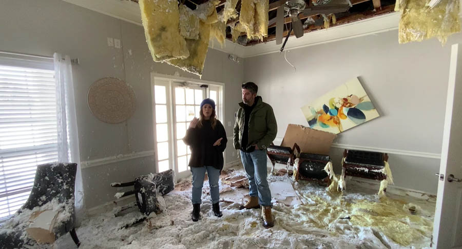 Hope Women’s Center CEO Holly Snell and husband Aaron speak from the center devastated center after the 2021 winter storm in Texas