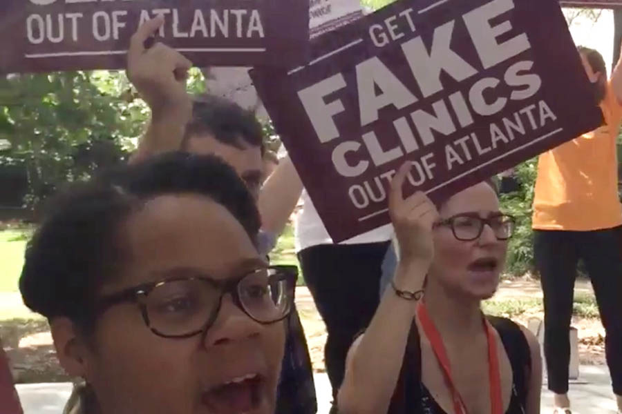 Reproaction and other abortion activists protest pro-life pregnancy centers in Atlanta