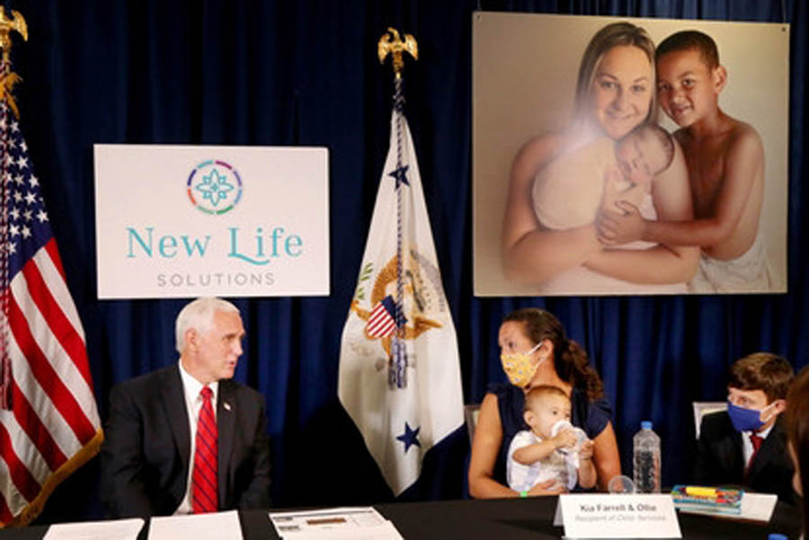 VP Mike Pence meets with Kia Farrell and her son Ollie. Farrell went to Planned Parenthood for an abortion, changed her mind, and went to Heartbeat International affiliate A Woman’s Place Medical Clinic where she chose life. 