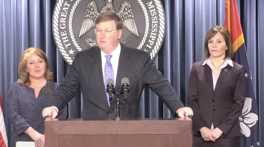 Miss. Gov. Tate Reeves at an April 2023 press conference announcing life-affirming legislation 